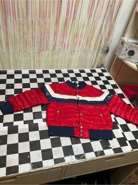 Moncler Red Puffer Jacket with Navy Trim